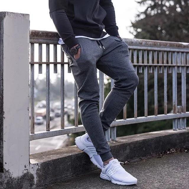 Men's cotton running training pants with drawstring waist and ribbed hem in dark grey, straight tube leg style