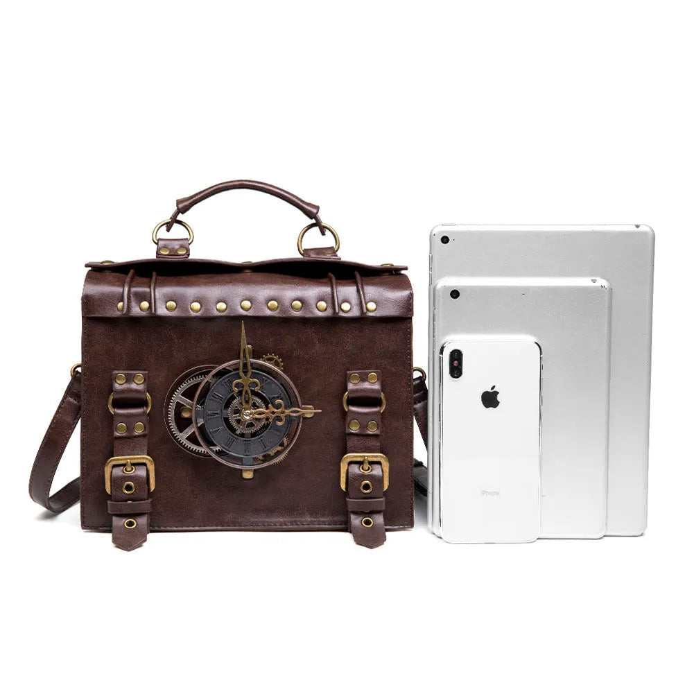 Bronze steampunk pillow shoulder bag with metal details on a horizontal square shape