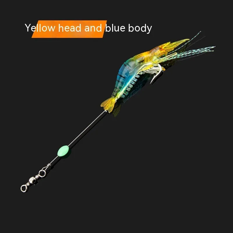 Six soft plastic fishing lures with hooks in various colours including luminous options on a blue background