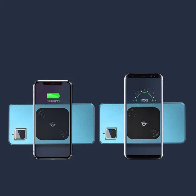 Alloy shell mobile power bank charger with LCD display, shown in black, silver, red, and blue colour options.