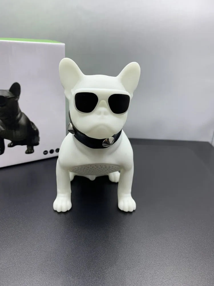 Mini bulldog-shaped Bluetooth speaker in black colour showing detailed sculpture design and compact size