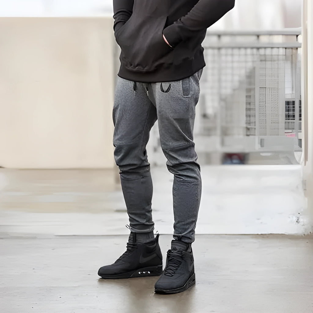 Men's cotton running training pants with drawstring waist and ribbed hem in dark grey, straight tube leg style