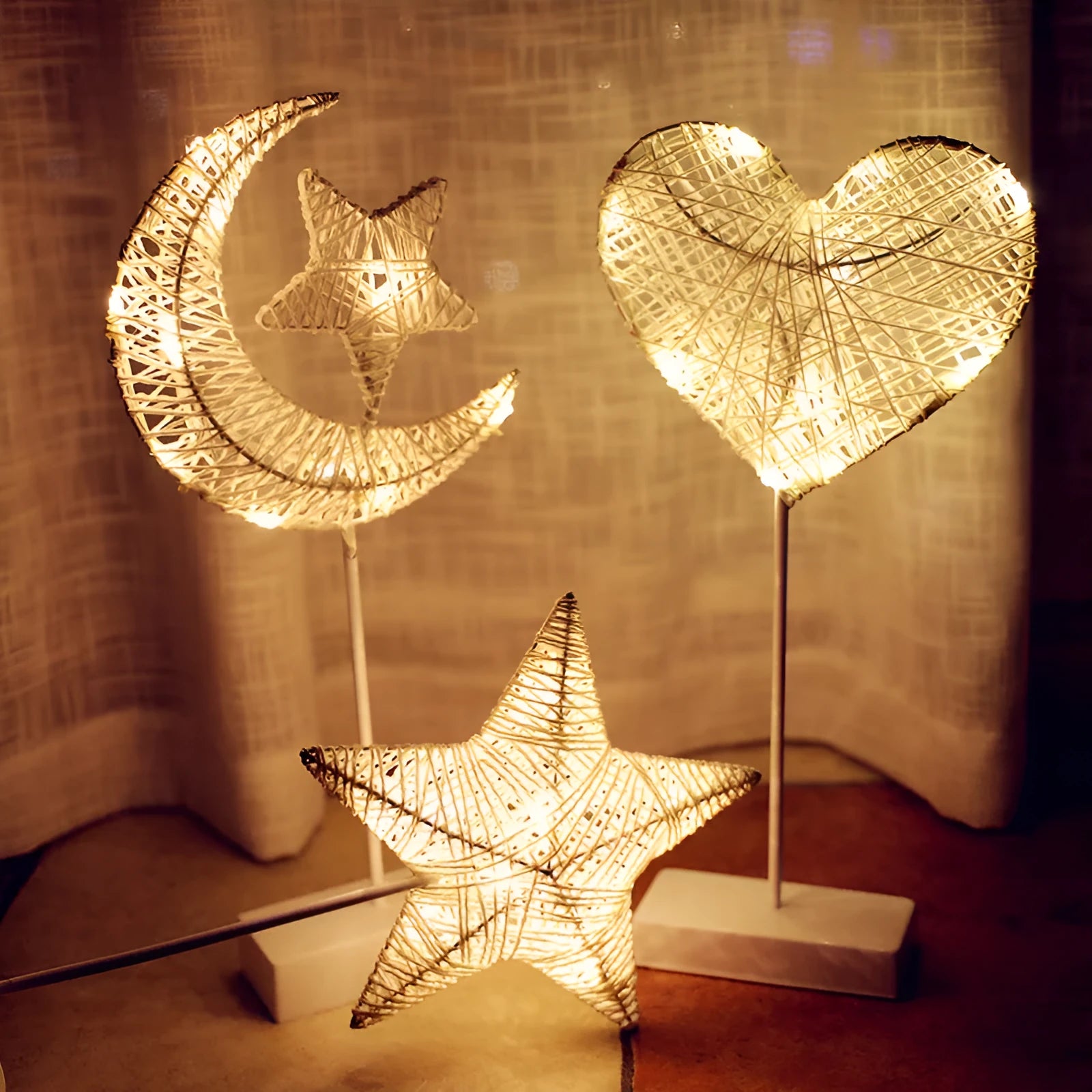Rattan LED decorative lamp with copper wire in love, star or moon designs