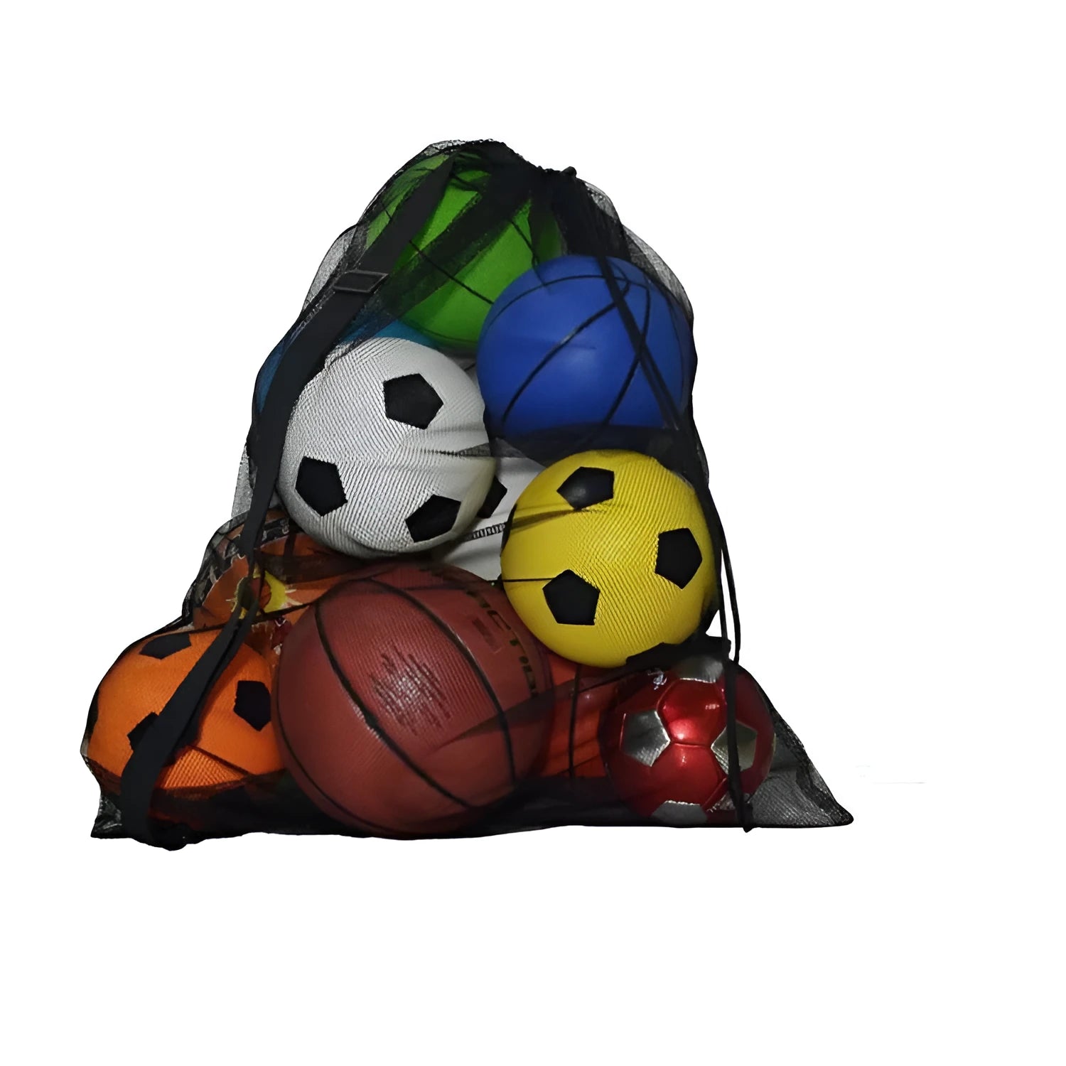 Large black mesh storage bag holding multiple footballs and basketballs for sports training