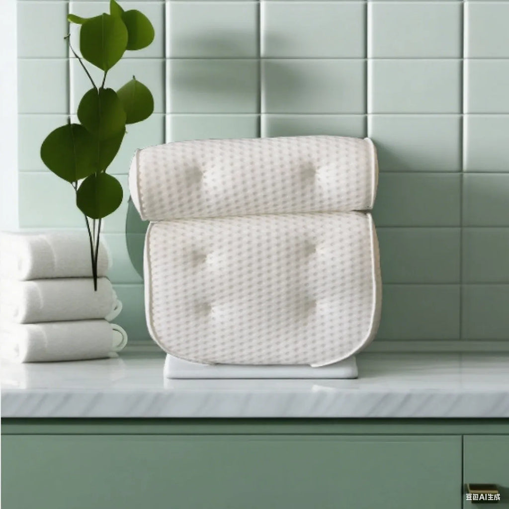 White bathtub pillow with 7 suction cups and 4D mesh design measuring 37x34x10cm