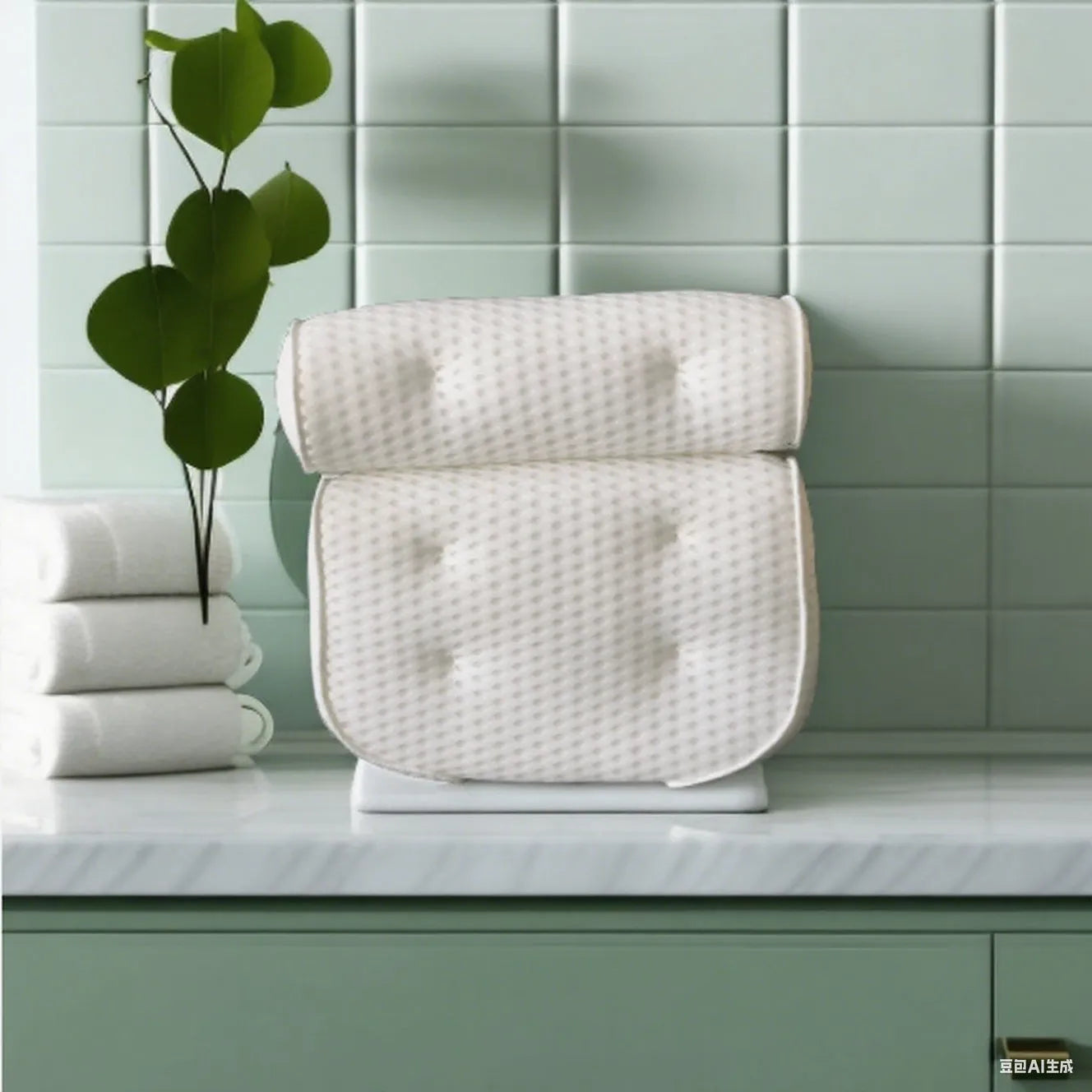 White bathtub pillow with 7 suction cups and 4D mesh design measuring 37x34x10cm