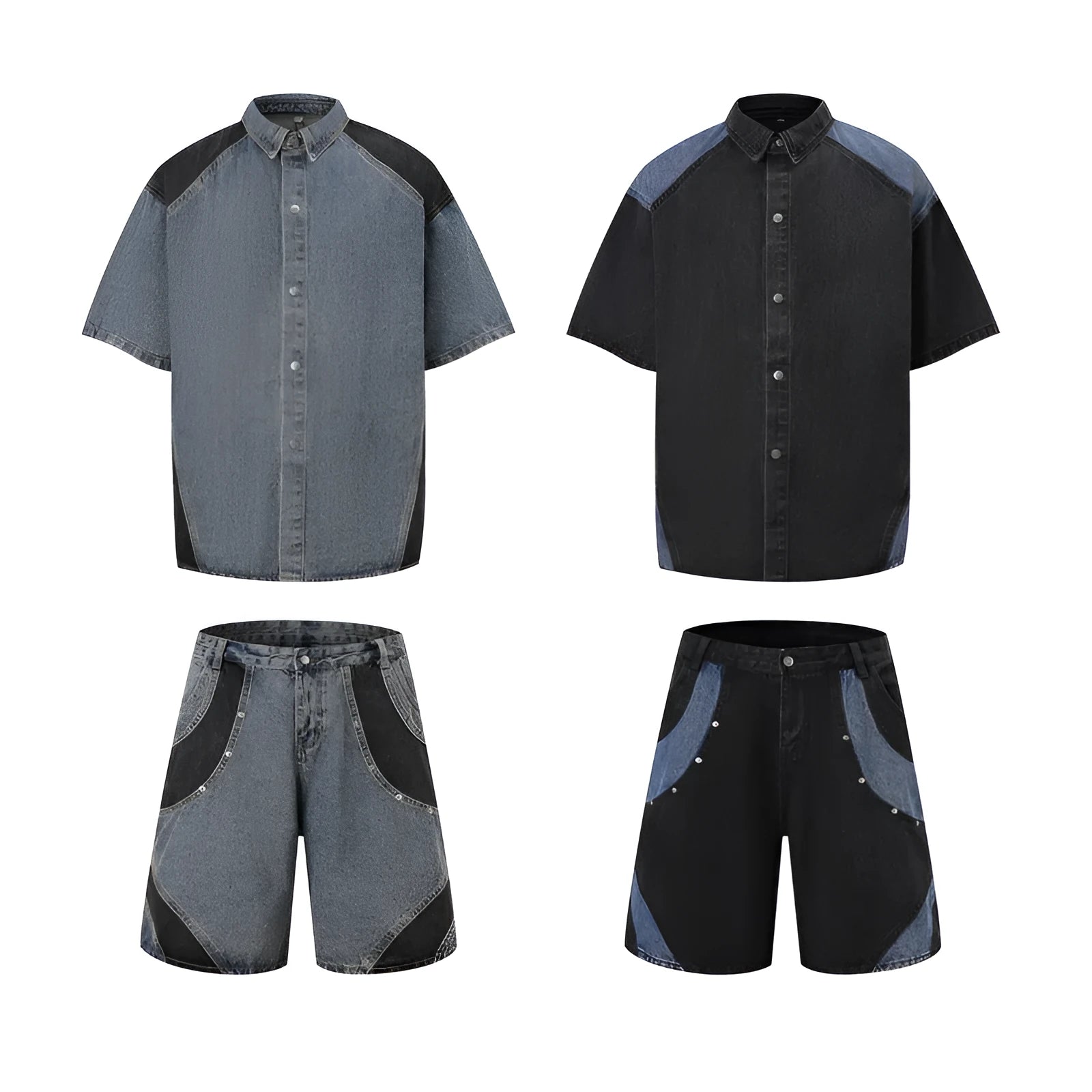 Retro washed denim suit set with short-sleeved jacket and trousers in street style