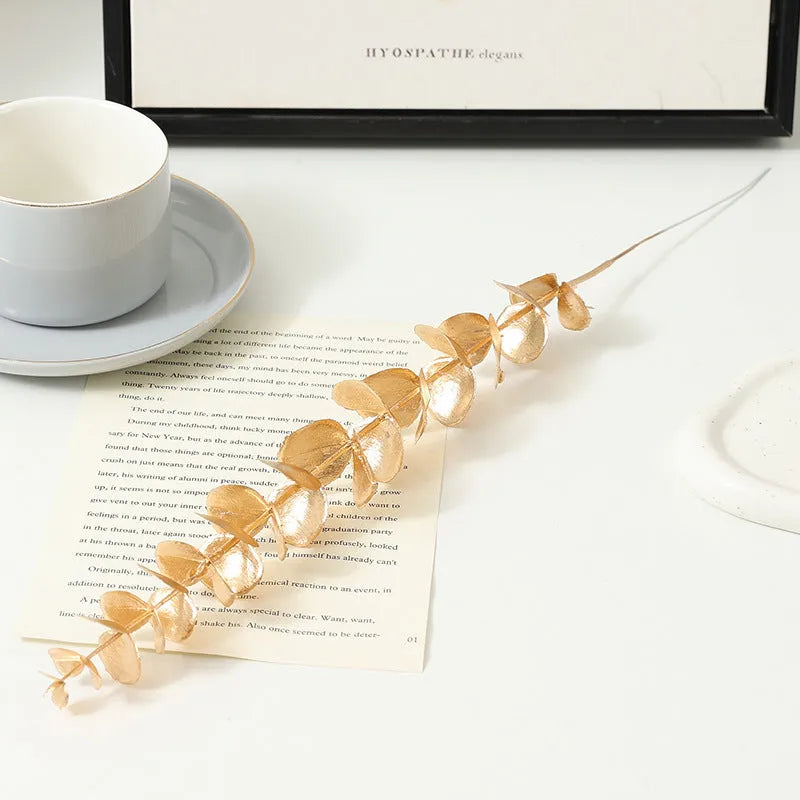 Artificial Persian eucalyptus ginkgo leaf flower arrangement in gold plastic for wedding home decor