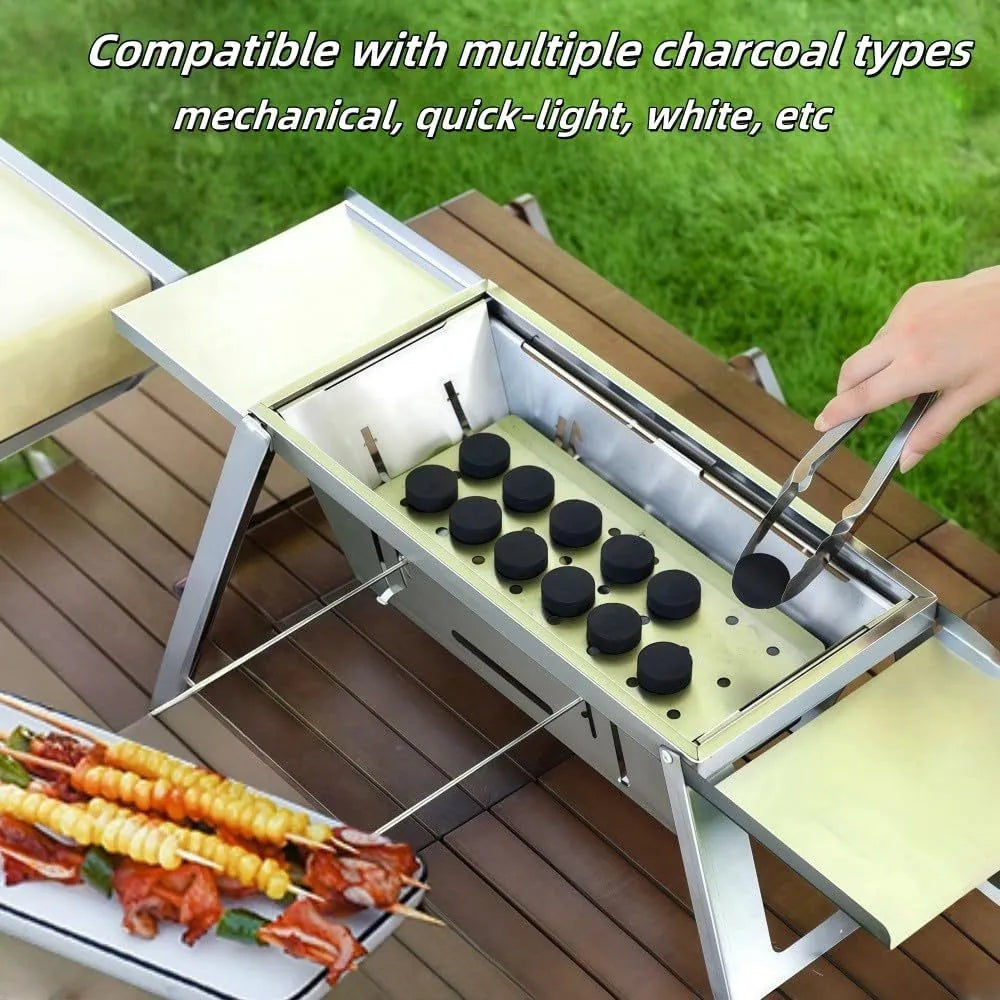Small foldable portable charcoal barbecue grill shown open for cooking and folded flat.