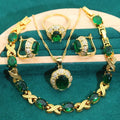 18k gold plated zircon jewellery set showing necklace, earrings, ring and bracelet with coloured cubic zirconia stones
