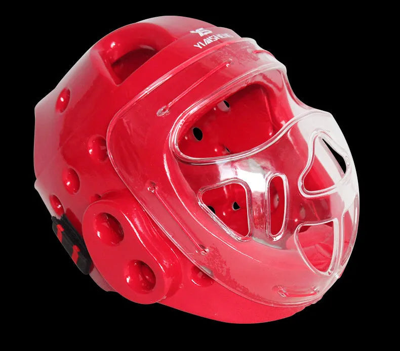 Karate boxing helmet protective equipment in white, blue and red colours showing head coverage design