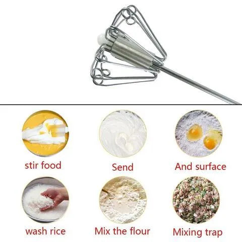 Self spinning whisk with stainless steel head and black handle on white background