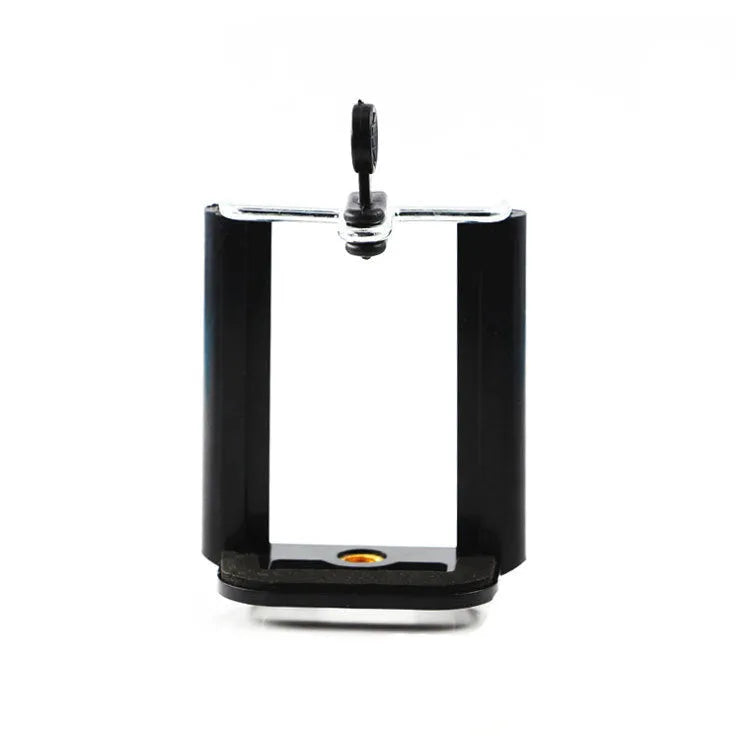 Black plastic U clip mobile phone holder for mounting smartphones on pipes and bars.
