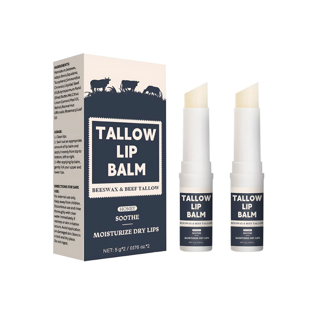 Two beef fat lip balm sticks in standard packaging for universal skin types