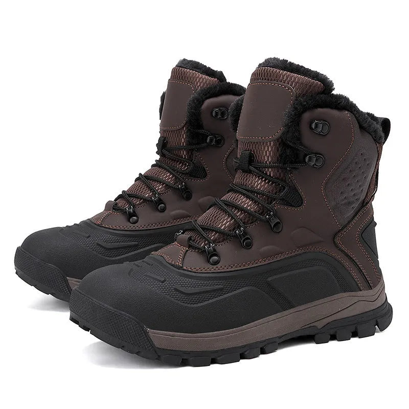 Men's black high-top lace-up boots with fleece lining, shown on a size chart from 39 to 48