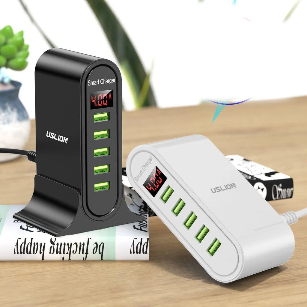 Smart black USB charger with LED digital display and UK plug, showing 5V output.