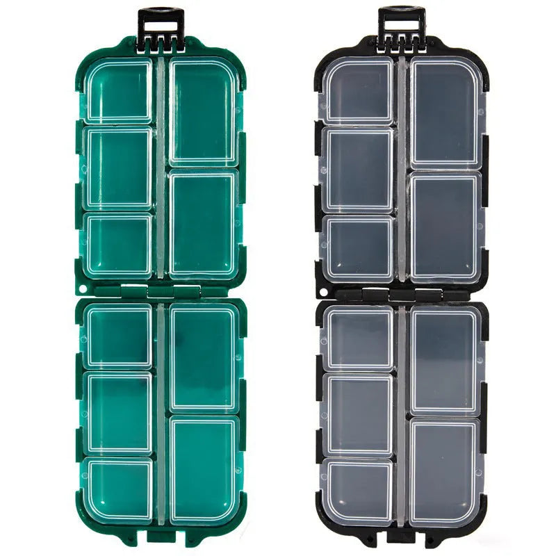 Plastic fishing tackle storage box with 10 compartments in black, blue, or green