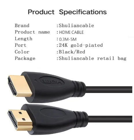 Gold-plated HDMI cable with male connectors showing length options from 0.3m to 5m
