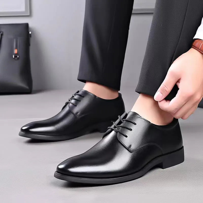 Men's leather business formal shoes with pointed toe and PVC sole in black and brown colour options, sizes 38-46