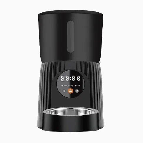 Automatic pet feeder with timer display and food storage compartment in black colour