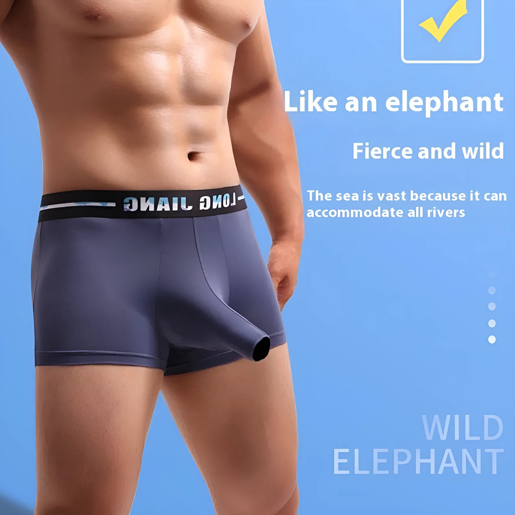 Men's ice silk boxer shorts in solid colour with trunk open design and mid waist.