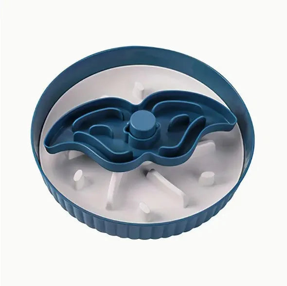 Pet food basin rotating game board slow feeder with silicone pad in blue colour with windmill pattern