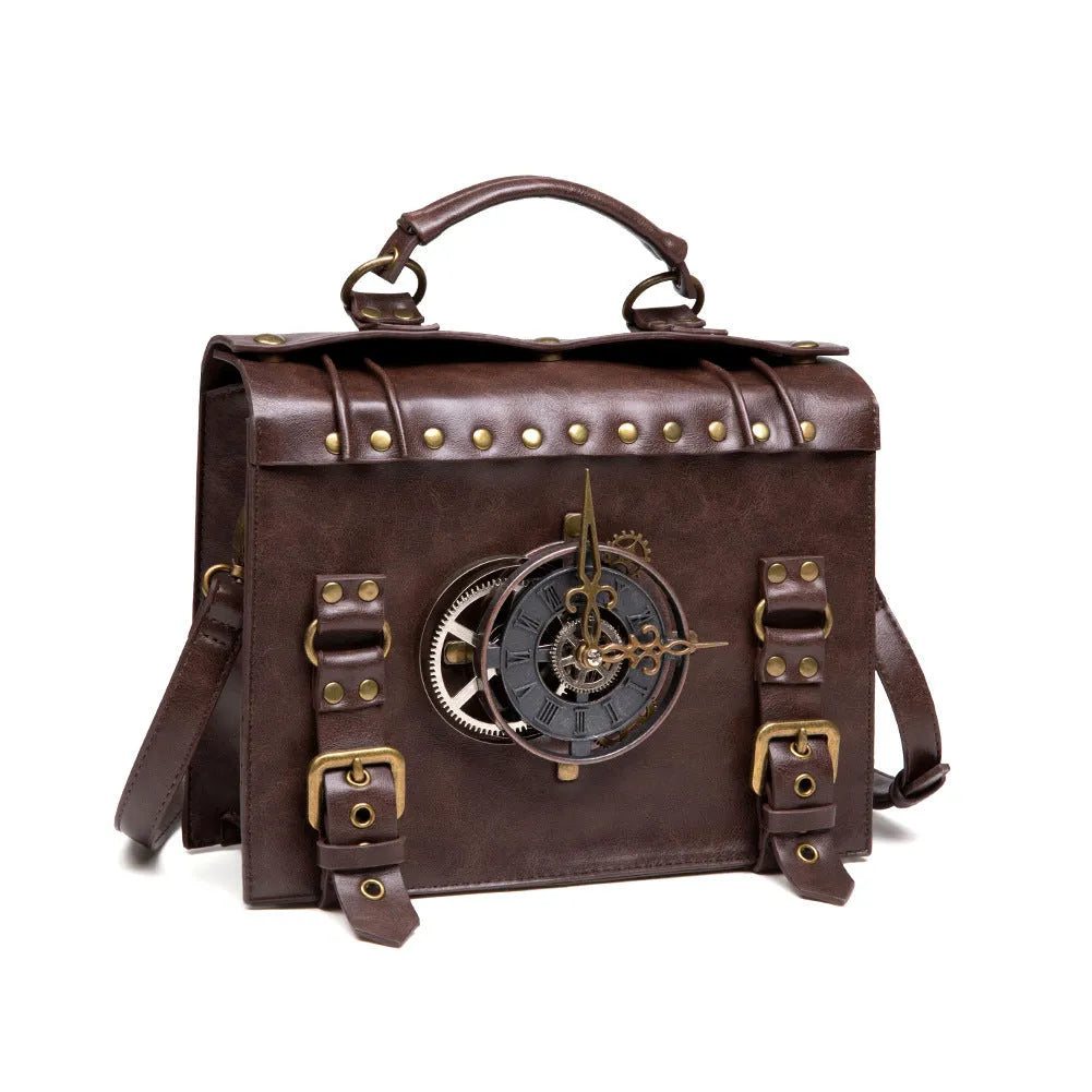 Bronze steampunk pillow shoulder bag with metal details on a horizontal square shape