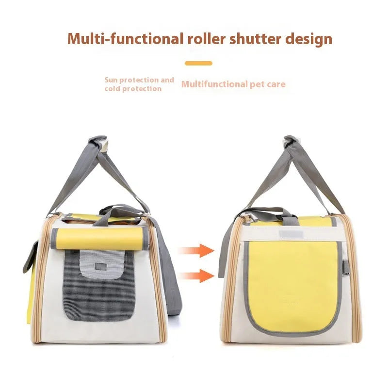 A foldable single-shoulder canvas pet bag in a solid colour, shown with the strap extended.