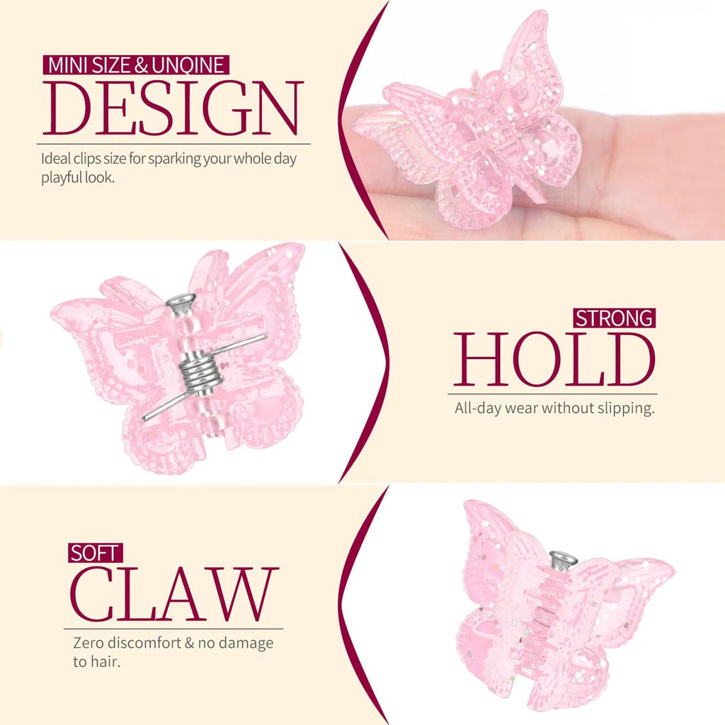 50 glitter mini butterfly hair claw clips in 14 colours on white background