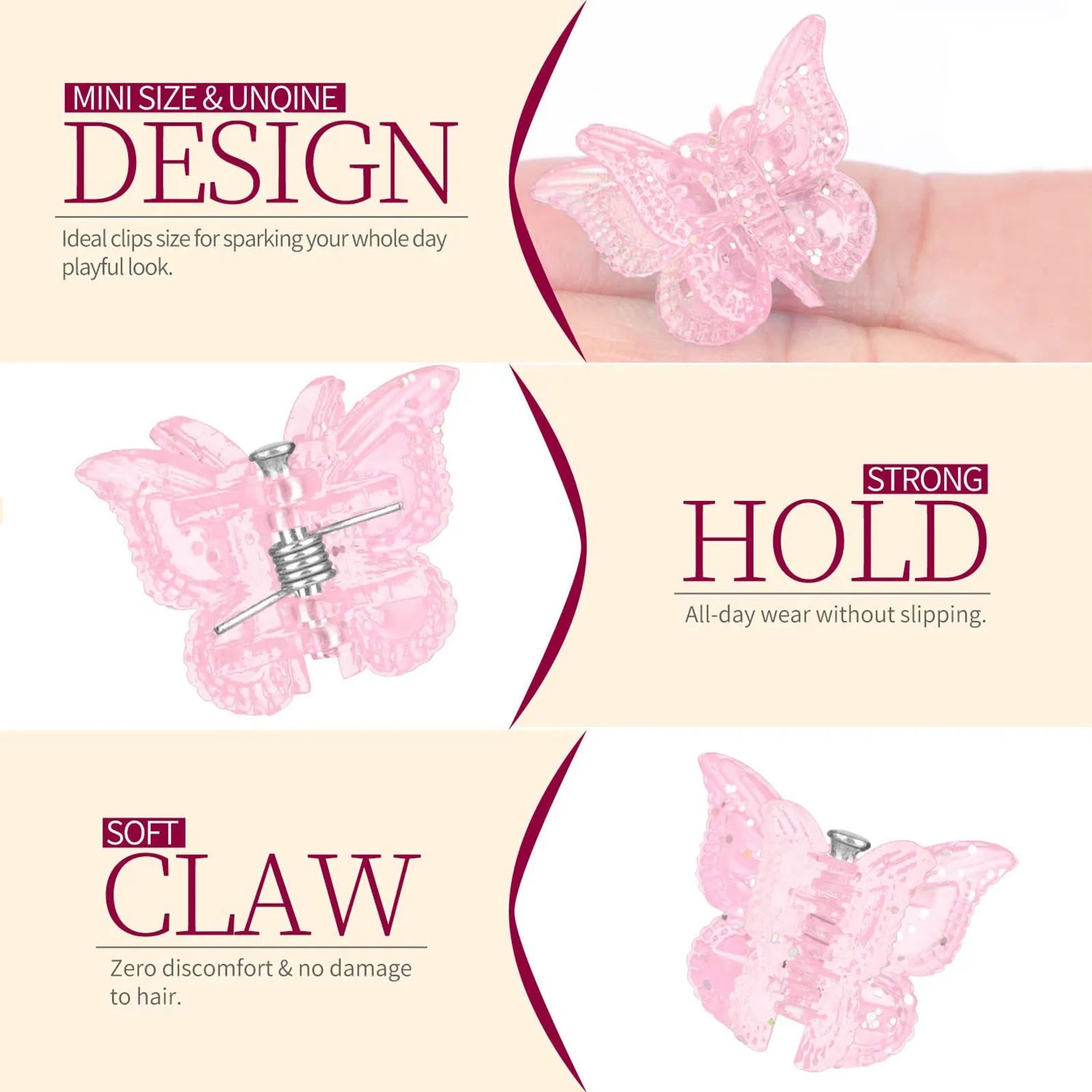 50 glitter mini butterfly hair claw clips in 14 colours on white background