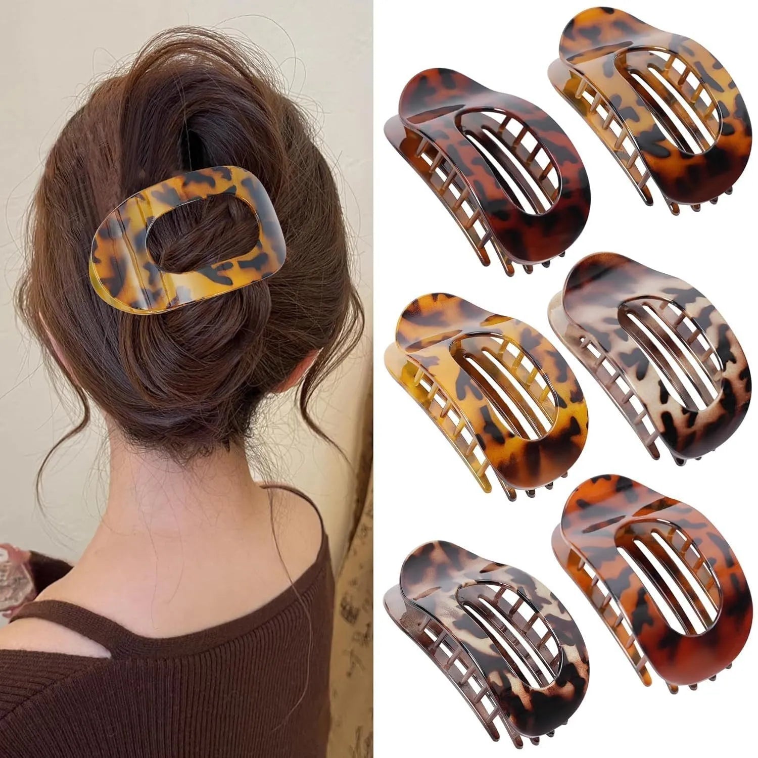 Six plastic hair clips with frosted grip and quadrilateral design in nude and rose red colours