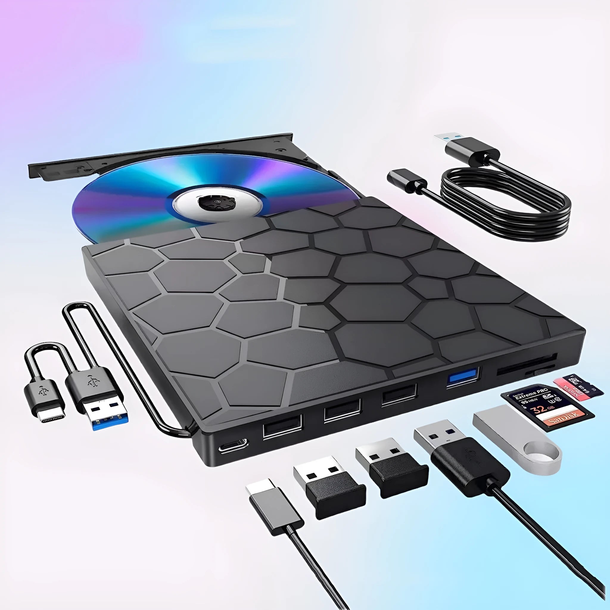 Black external USB CD DVD writer drive with compact slim design on a desk.