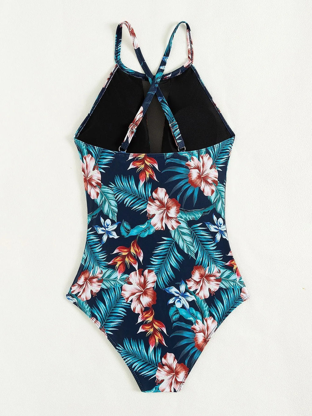 Women's deep V-neck one-piece swimsuit with printed pattern and polyester lining
