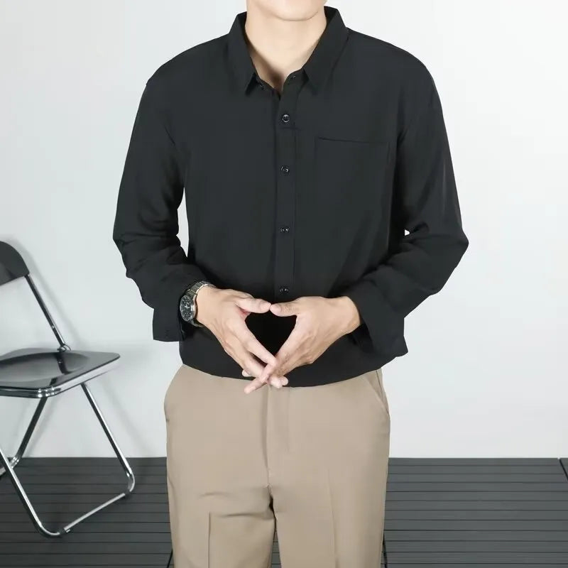 Korean-style linen long-sleeved shirt for men in loose fit, available in six solid colours including black and white