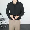 Korean-style linen long-sleeved shirt for men in loose fit, available in six solid colours including black and white