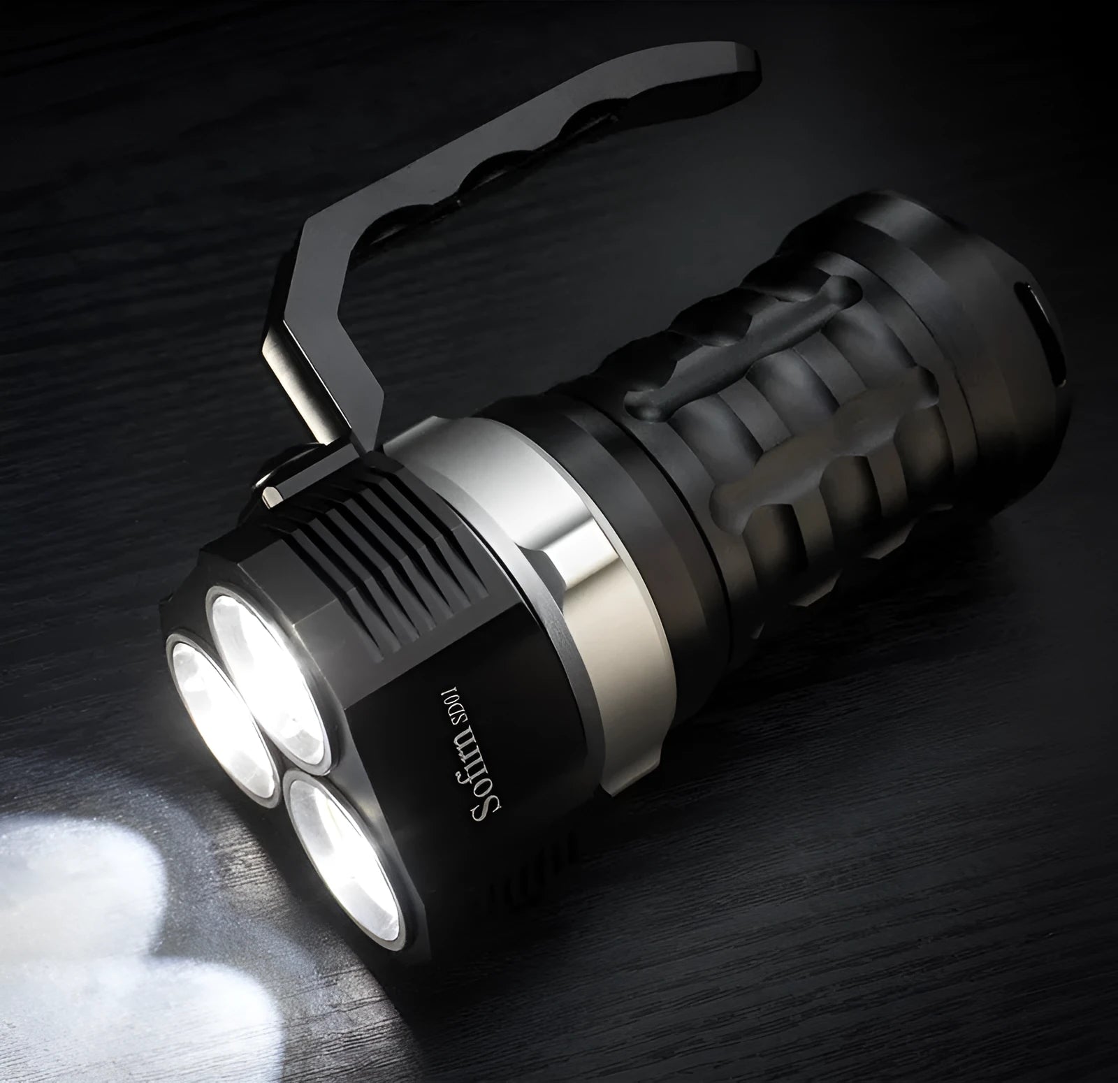 Aluminium alloy diving torch flashlight showing length and design for underwater use.