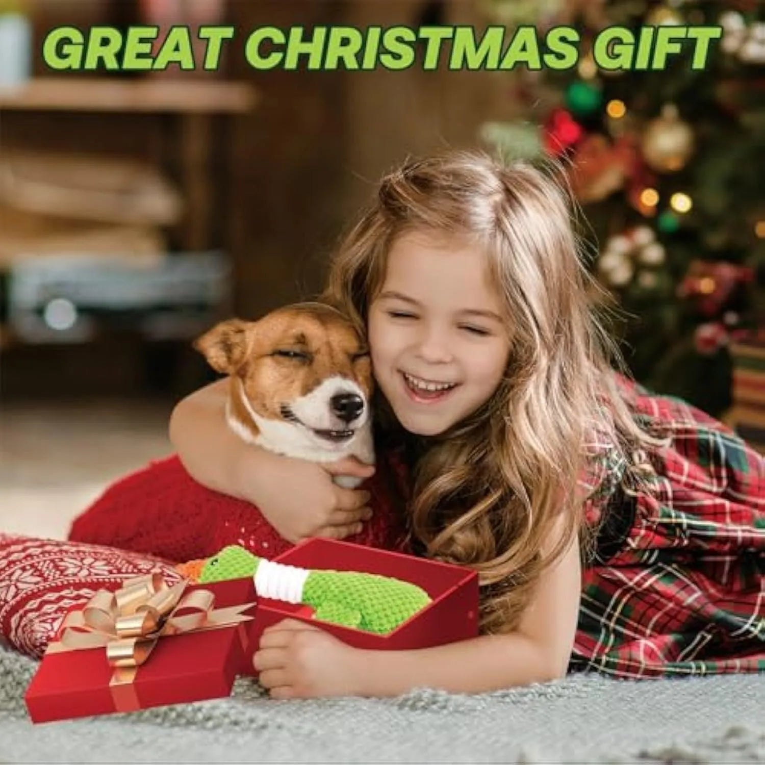 Blue, green or grey duck-shaped plush dog toy with two squeakers.