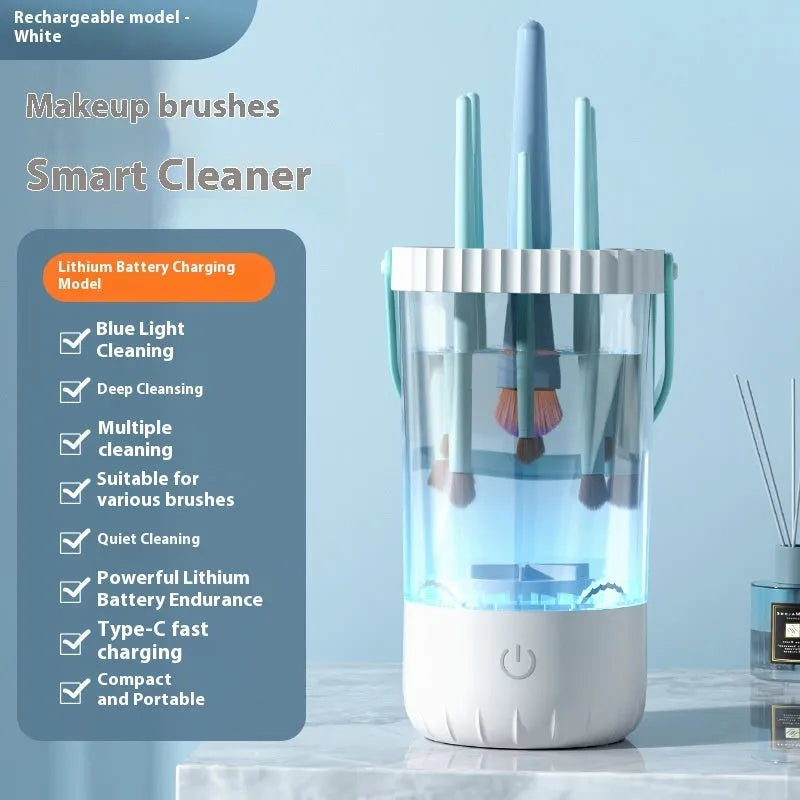 White plastic electric makeup brush cleaner with rechargeable battery and USB cable