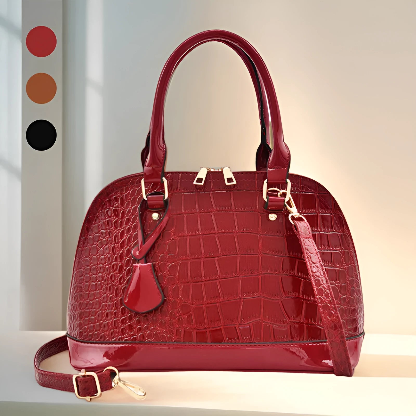 Large shiny black PU leather crossbody shoulder bag with a shell shape.