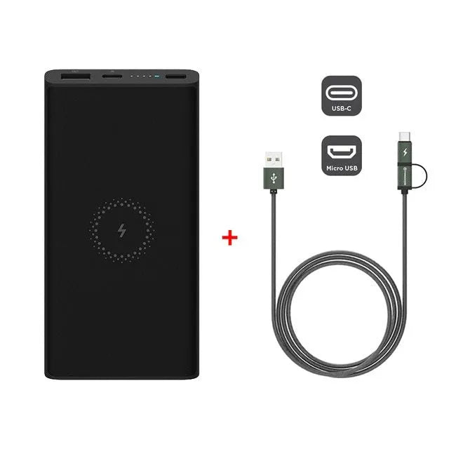 White and black large capacity 10000mAh power bank with USB Type-C port and wireless charging pad.