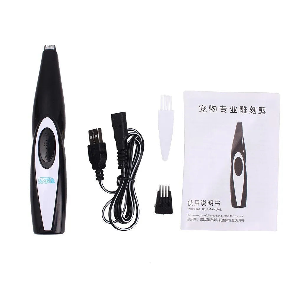 Black pet hair clippers with ceramic blade and USB charging cable