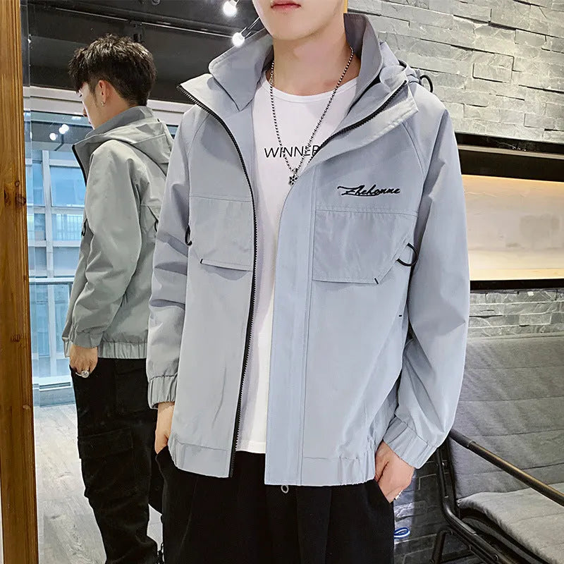 Hooded work coat in black with full zipper, loose fit 100% polyester for spring and autumn
