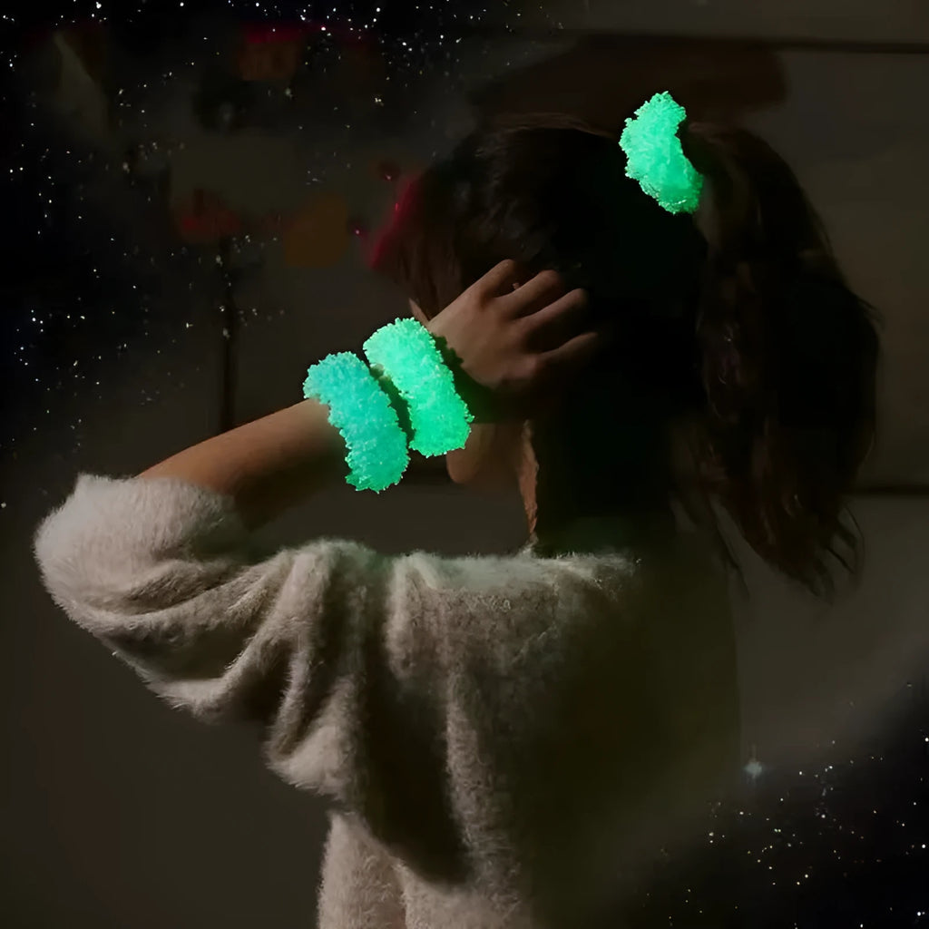Luminous plush hair tie in seven colours: blue, pink, green, yellow, orange, purple, white