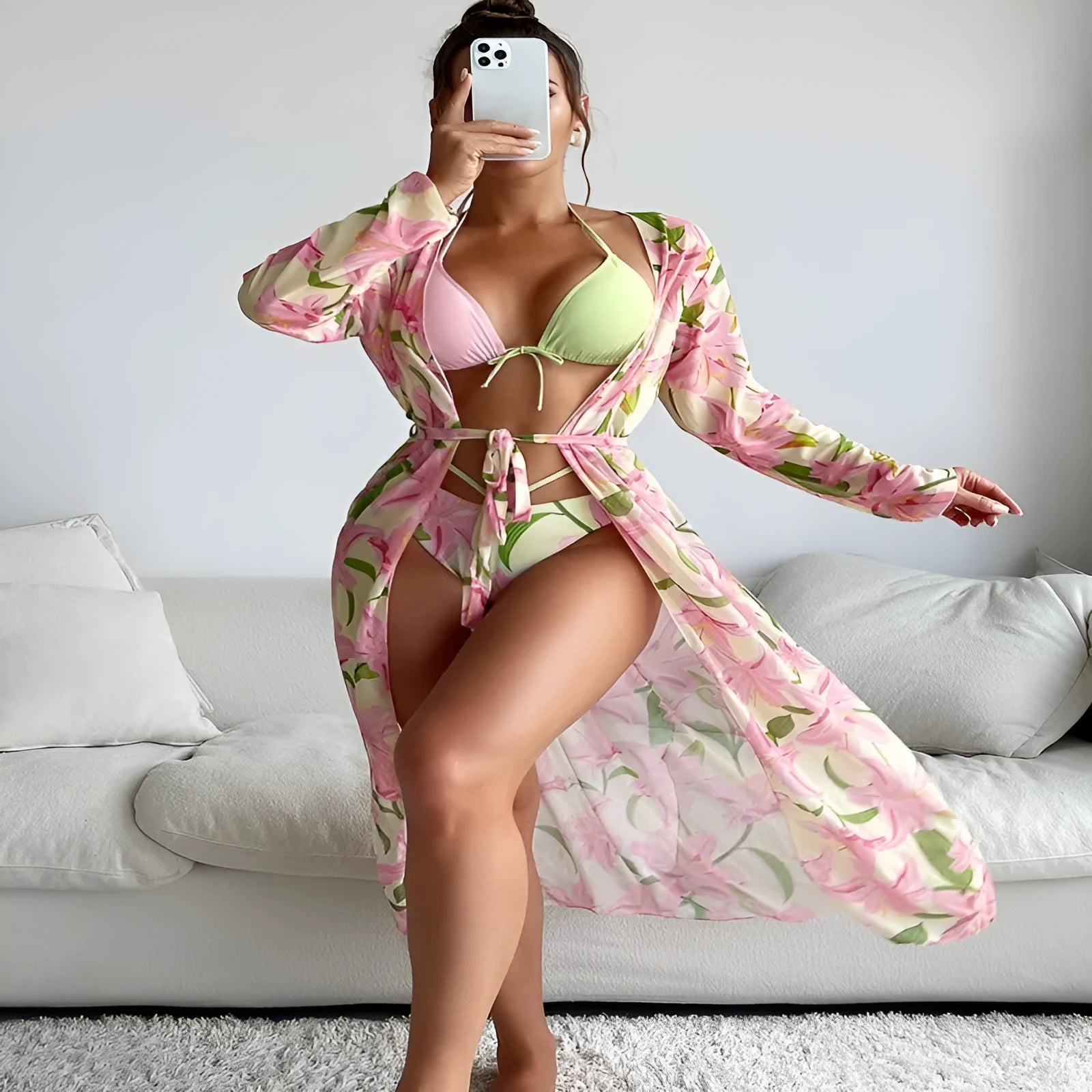 Women's printed bikini swimsuit with quick-dry fabric on a mannequin.