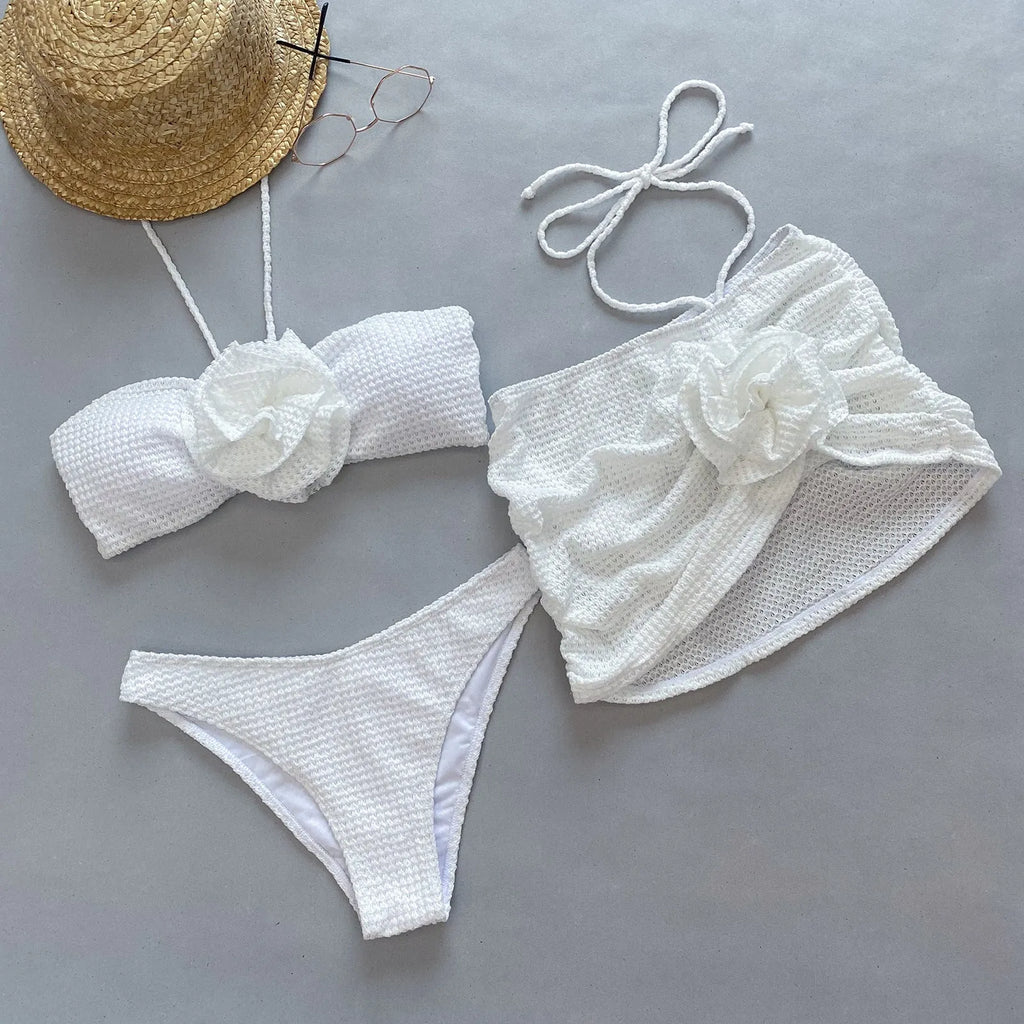 Women's white three-piece swimsuit with 3D flower split design, skirt, bra and panties