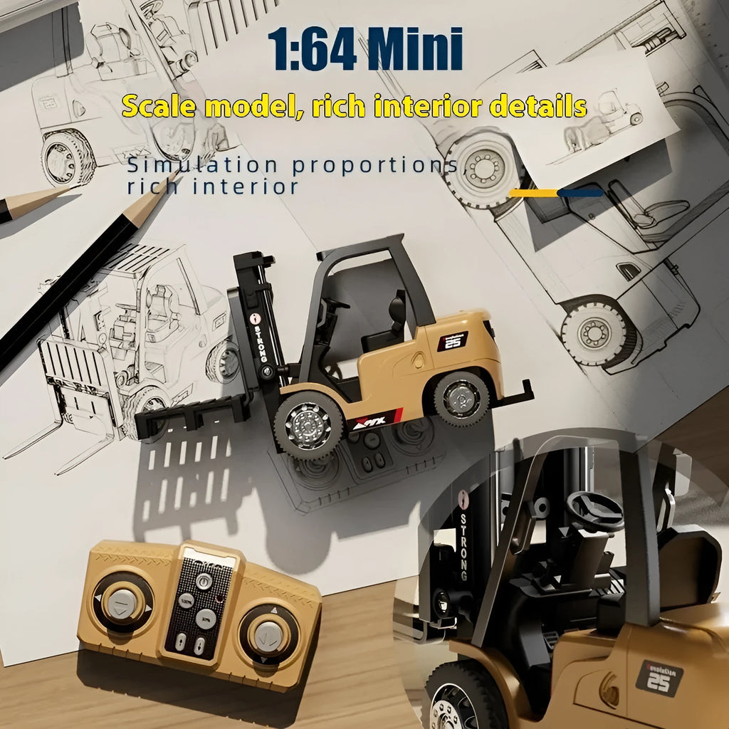 1:64 scale mini alloy forklift remote control toy with remote and accessories on white background