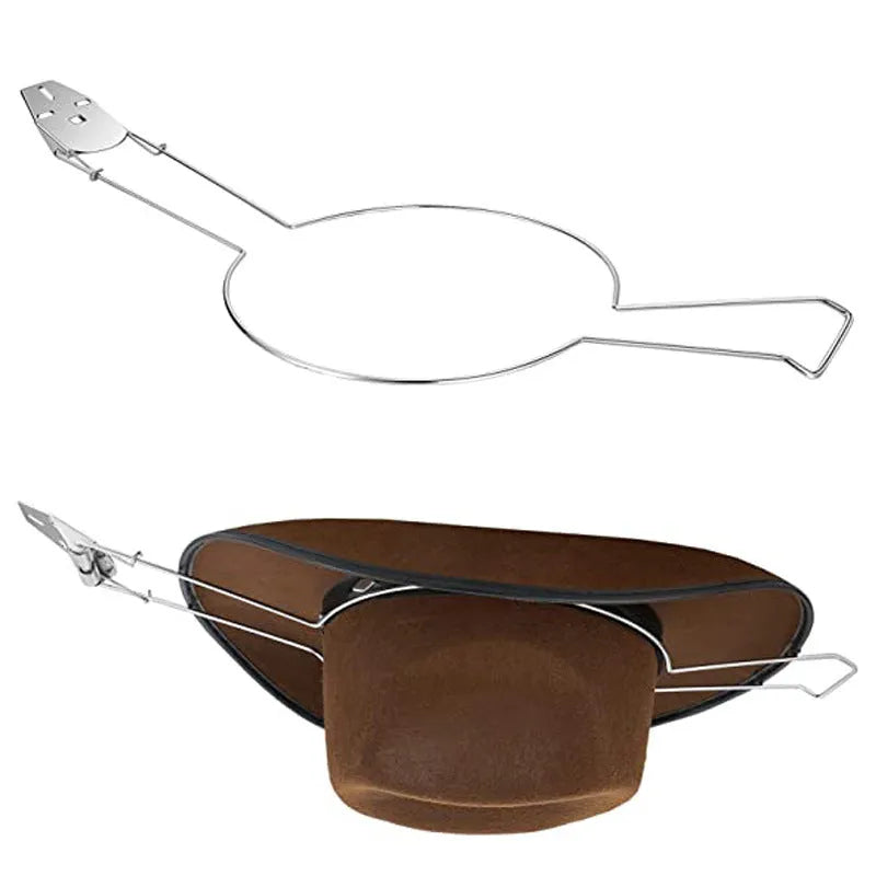 Brown car hat stand with a chrome metal coat hook for organising hats and coats inside a vehicle.