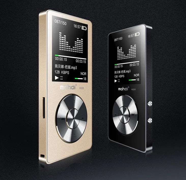 Portable gold metallic MP3 music player with a 1.8-inch colour screen and key-based controls.