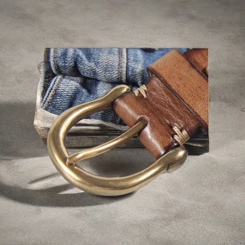 Men's cattlehide leather casual belt with copper buckle in black, brown and khaki colours