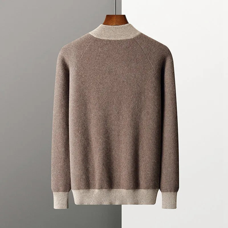 Men's cashmere wool blend sports cardigan suit set with half turtleneck zipper top and trousers